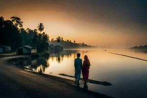 a couple walking along the shore of a lake at sunrise. AI-Generated photo