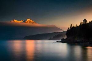 a mountain range is reflected in the water at sunset. AI-Generated photo