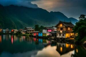houses on the water in the mountains. AI-Generated photo