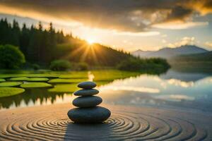 a stack of stones sits on the shore of a lake at sunset. AI-Generated photo