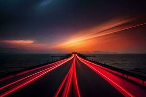 a long exposure photograph of a bridge with light trails. AI-Generated photo