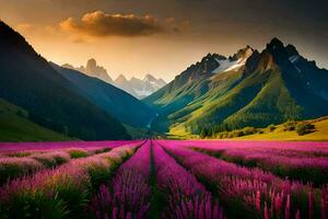 a field of purple flowers in front of mountains. AI-Generated photo