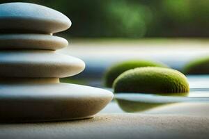 a stack of stones and green balls sitting on a table. AI-Generated photo