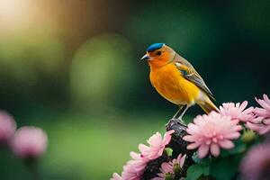 photo wallpaper the bird, flowers, nature, spring, the sun, the bird, flowers,. AI-Generated