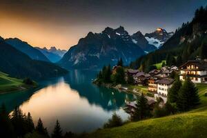 un lago y montaña pueblo en el Alpes. generado por ai foto