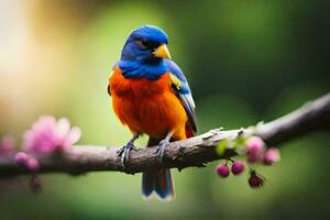 a colorful bird sits on a branch with pink flowers. AI-Generated photo