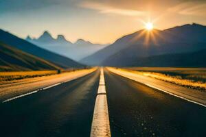 the sun is setting over a road in the mountains. AI-Generated photo