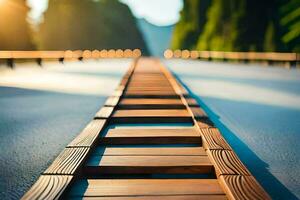 a wooden bridge with a long wooden path. AI-Generated photo