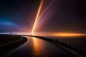 a long exposure photograph of a rocket launching into the sky. AI-Generated photo