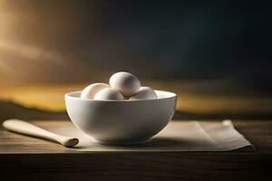 a bowl of eggs on a table with a wooden spoon. AI-Generated photo