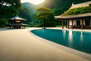 a beautiful pool in front of a pagoda. AI-Generated photo