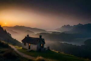 un pequeño casa se sienta en un colina con vista a el montañas. generado por ai foto