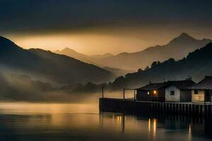 a boat dock and a house in the fog. AI-Generated photo