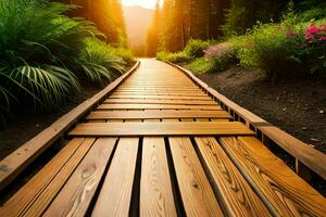 wooden path in the forest at sunset. AI-Generated photo