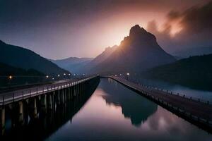 un puente terminado un lago a puesta de sol con montañas en el antecedentes. generado por ai foto
