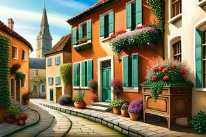 an illustration of a street in a european town. AI-Generated photo