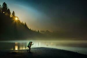 un persona caminando en el playa a oscuridad con el Dom ajuste detrás a ellos. generado por ai foto