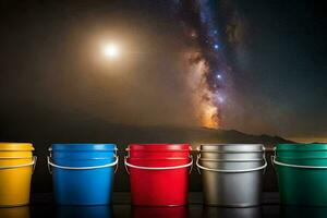 colorful buckets with the milky way in the background. AI-Generated photo