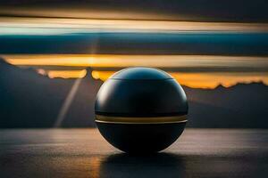 a black ball sitting on a table with a sunset in the background. AI-Generated photo