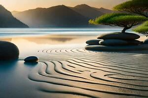 a tree sits on the beach with rocks and water. AI-Generated photo