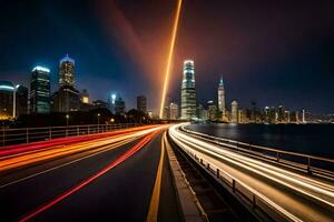 un largo exposición fotografía de un ciudad horizonte a noche. generado por ai foto