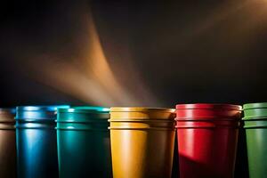 a row of colorful cups on a black background. AI-Generated photo