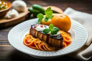 a plate with spaghetti and meat on it. AI-Generated photo