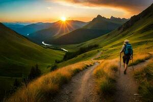 un hombre con un mochila camina a lo largo un camino en el montañas. generado por ai foto