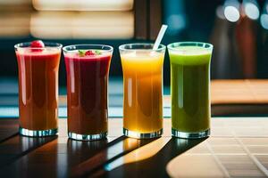 five different types of juices are lined up on a table. AI-Generated photo