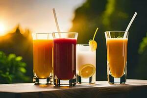 four different types of juices in glasses on a table. AI-Generated photo