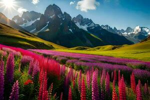 the sun shines over a field of purple flowers and mountains. AI-Generated photo