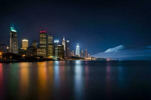 el chicago horizonte a noche con un brumoso lago. generado por ai foto