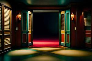 un pasillo con rojo y verde luces y un puerta. generado por ai foto