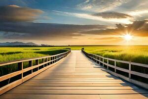 a wooden bridge leads to a green field. AI-Generated photo