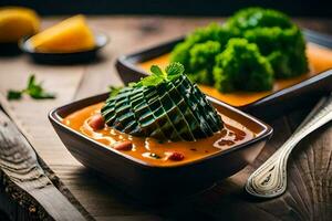 a bowl of soup with broccoli and a spoon. AI-Generated photo