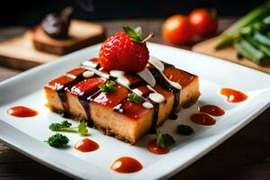 a square piece of cheesecake with strawberries and sauce. AI-Generated photo