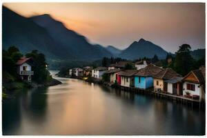 a river in the mountains with houses on the banks. AI-Generated photo