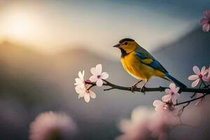 a bird sits on a branch with pink flowers. AI-Generated photo