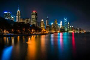 el ciudad horizonte a noche con luces reflejando apagado el agua. generado por ai foto