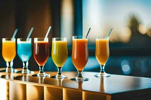a row of glasses with different colored drinks. AI-Generated photo