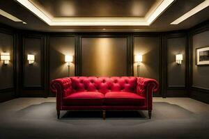 a red couch in a room with black walls. AI-Generated photo