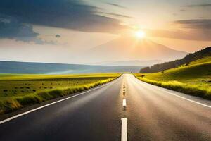 a long road with the sun setting behind it. AI-Generated photo