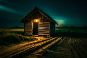 un pequeño de madera choza se sienta en el medio de un campo a noche. generado por ai foto
