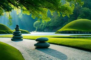a zen garden with rocks and trees. AI-Generated photo