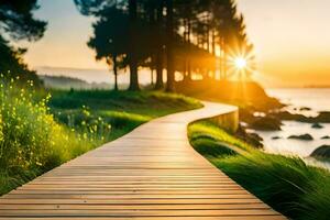 a wooden path leads to the sea at sunset. AI-Generated photo