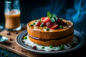 un pastel con fresas y crema en cima. generado por ai foto