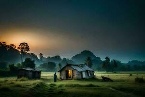 a small hut in the middle of a field at sunset. AI-Generated photo