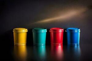 four colorful plastic containers are lined up against a black background. AI-Generated photo