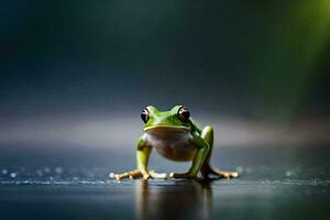 a frog is standing on a dark surface. AI-Generated photo