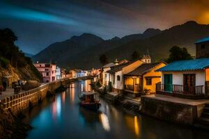 photo wallpaper the sky, night, mountains, boats, houses, river, the night, the. AI-Generated